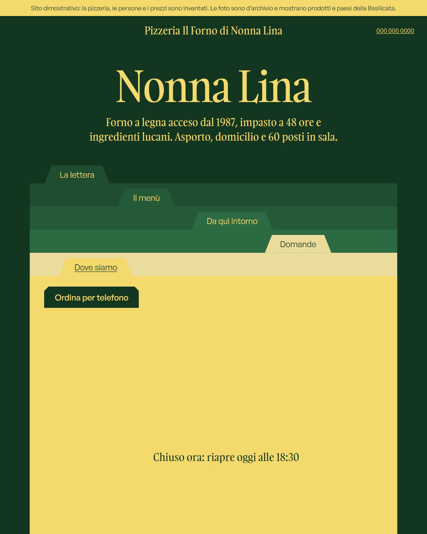 La prima schermata del sito dimostrativo di una pizzeria: verde scuro e oro, con il titolo Nonna Lina